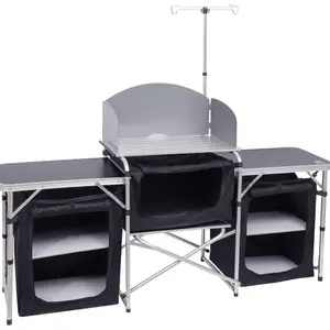 Camping Kitchen Table, Folding Grill, Upgrade Light Stand and Windshield Cooking Station & 3 Organizers, Carry Bag for Outdoor, Beach, BBQ, Picnic, Cooking, Indoor, Office(Silver)