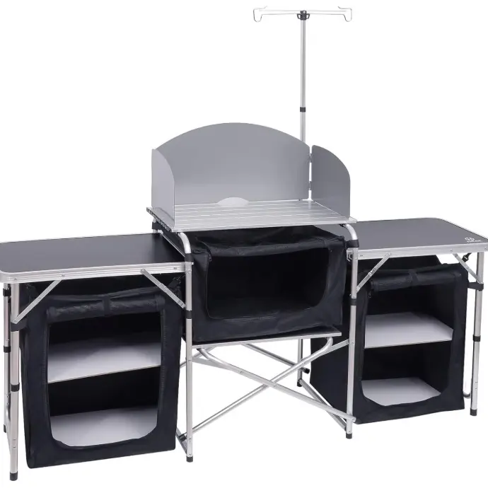 Camping Kitchen Table, Folding Grill, Upgrade Light Stand and Windshield Cooking Station & 3 Organizers, Carry Bag for Outdoor, Beach, BBQ, Picnic, Cooking, Indoor, Office(Silver)