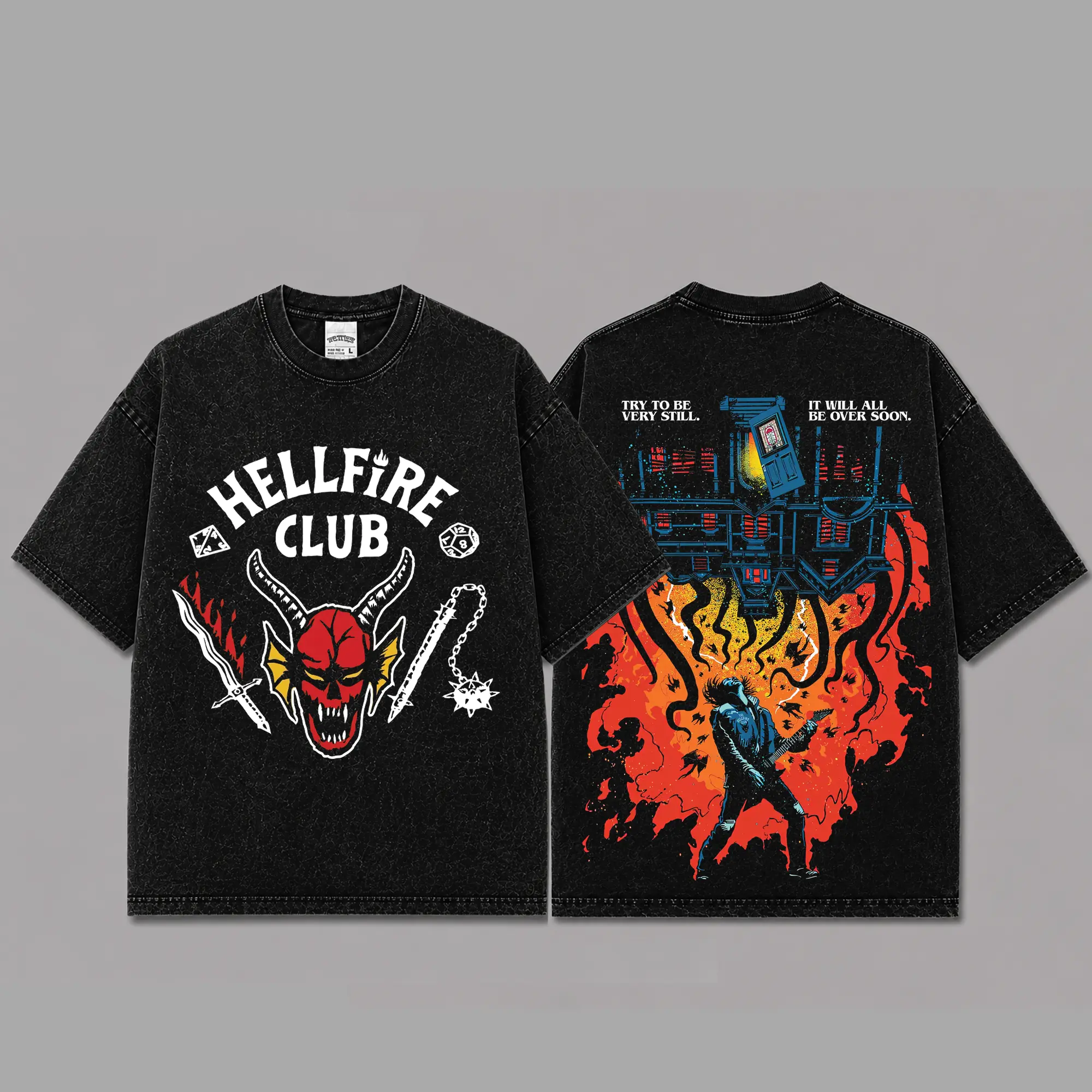 Hellfire Club Stranger Things Premium Acid Washed T-Shirt, Eddie Munson Upside Down Vintage Graphic Tee, Hawkins Horror Fantasy Retro Streetwear, DnD Fan Gift