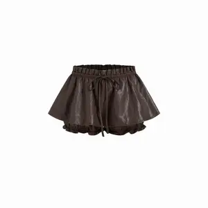 Cider Faux Leather Low Rise Bowknot Lettuce Trim Mini Skort