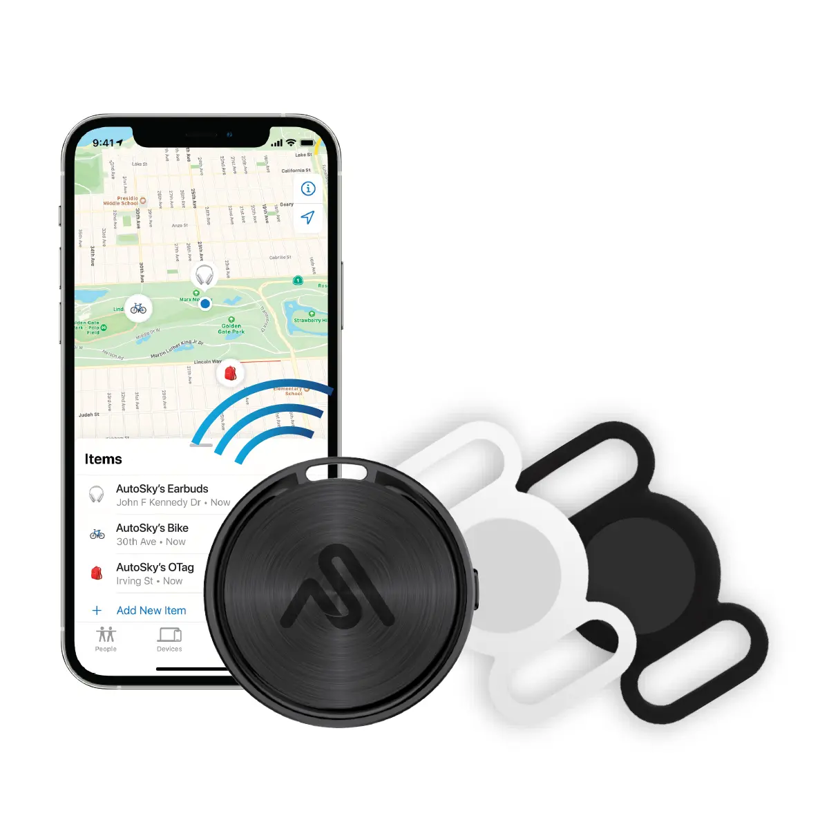 AutoSky Find My Network Tracker - Ultimate Lost Item Locator with 2-Pack Holders, Lithium Ion Batteries, Long Battery Life, Manufacturer Warranty
