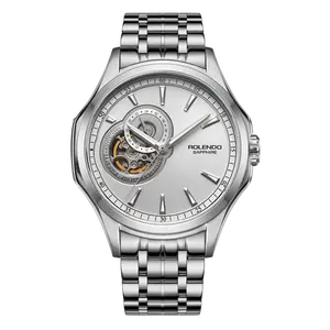 Minimal Skeleton Automatic Mechanical Watch for Men, Sunburst Silver Dial Open Work Movement 24H Indicator Stainless Steel Five Link Band Elegant Daily Dress Watch