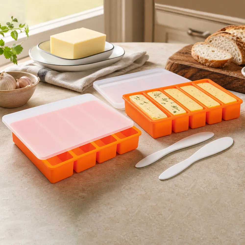 2PCS Silicone Butter Molds with Lid - Non-Stick Kitchen Tray for Homemade Baking, Storage & Versatile Shaping, Includes 2 Spatulas, Freshness-Locked, Easy Release Camp Kitchen Utensils for Camping & Hiking