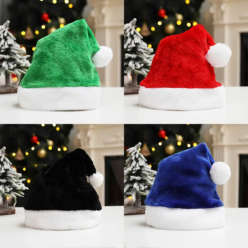 2026 Adult Short Plush Santa Hat, Multi-Color Soft Fluffy Christmas Hat with White Pom Pom & Wide Brim, One Size Fits Most Unisex Festive Holiday Headwear for Christmas Party Family Photos Office Event New Year Celebration Gift