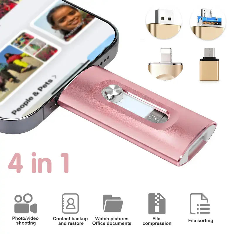 1PCS 512GB 4 In 1 Flash Drive, OTG External Storage With Free Type-C Adapter, Lightning Type-C Micro USB, Photo Video Backup For iPhone iPad Android PC dual interface