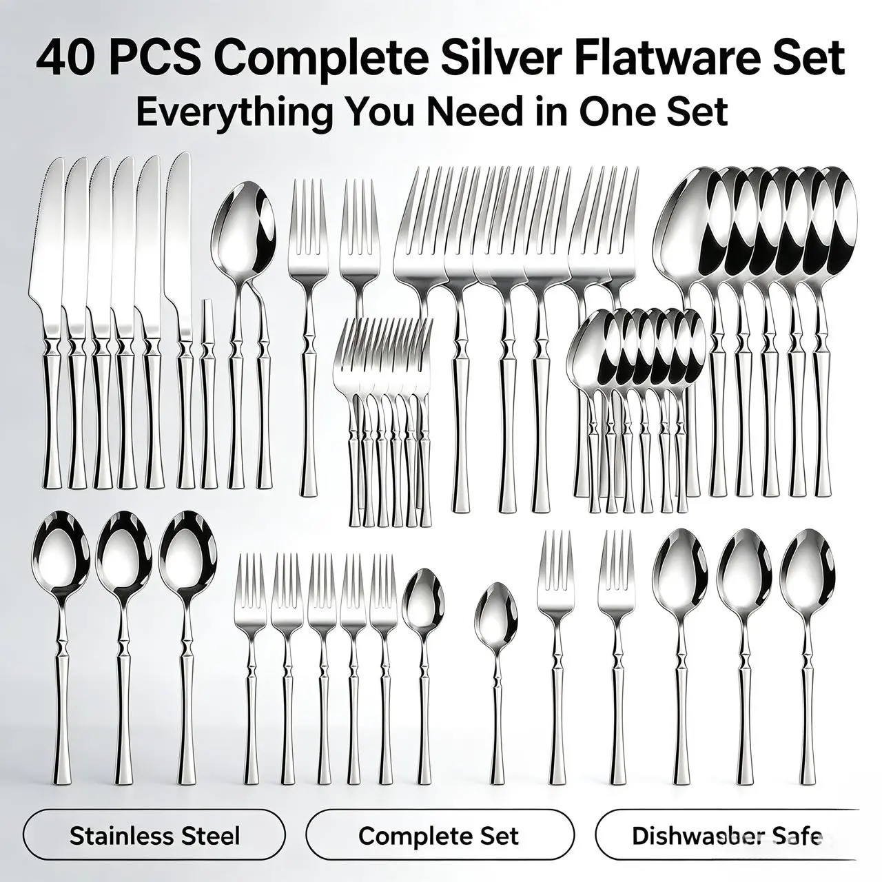 40-Piece Sturdy Stainless Steel Tableware Set, Premium Full Assortment Silver Flatware with Balanced Handles & Mirror Shine, Dishwasher Safe Cutlery for Family Dinner, Holiday Party, Ideal Housewarming Gift