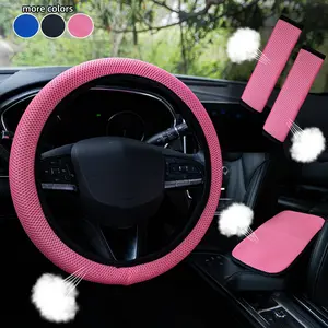 4pcs Breathable Mesh Car Steering Wheel Cover Set, Anti-Slip Sweat-Absorbent, 3 Colors, Universal 14.5-15 Inch, Automotive Car Interior Accessories