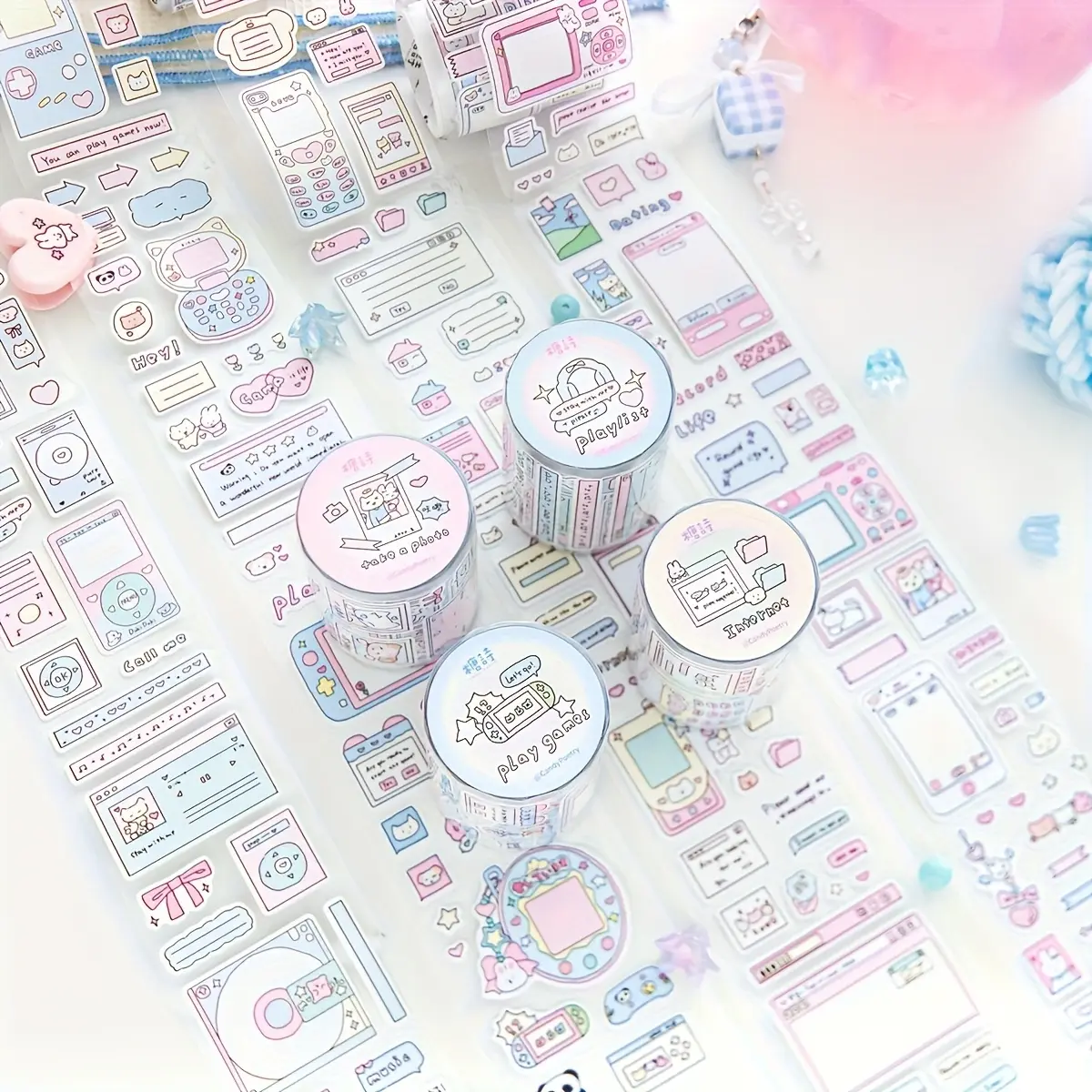 A 4-roll set of cute Korean-style cartoon electronic vending machine-themed tape is suitable for making handbooks, diaries, notes, schedules, card making and handicraft decoration