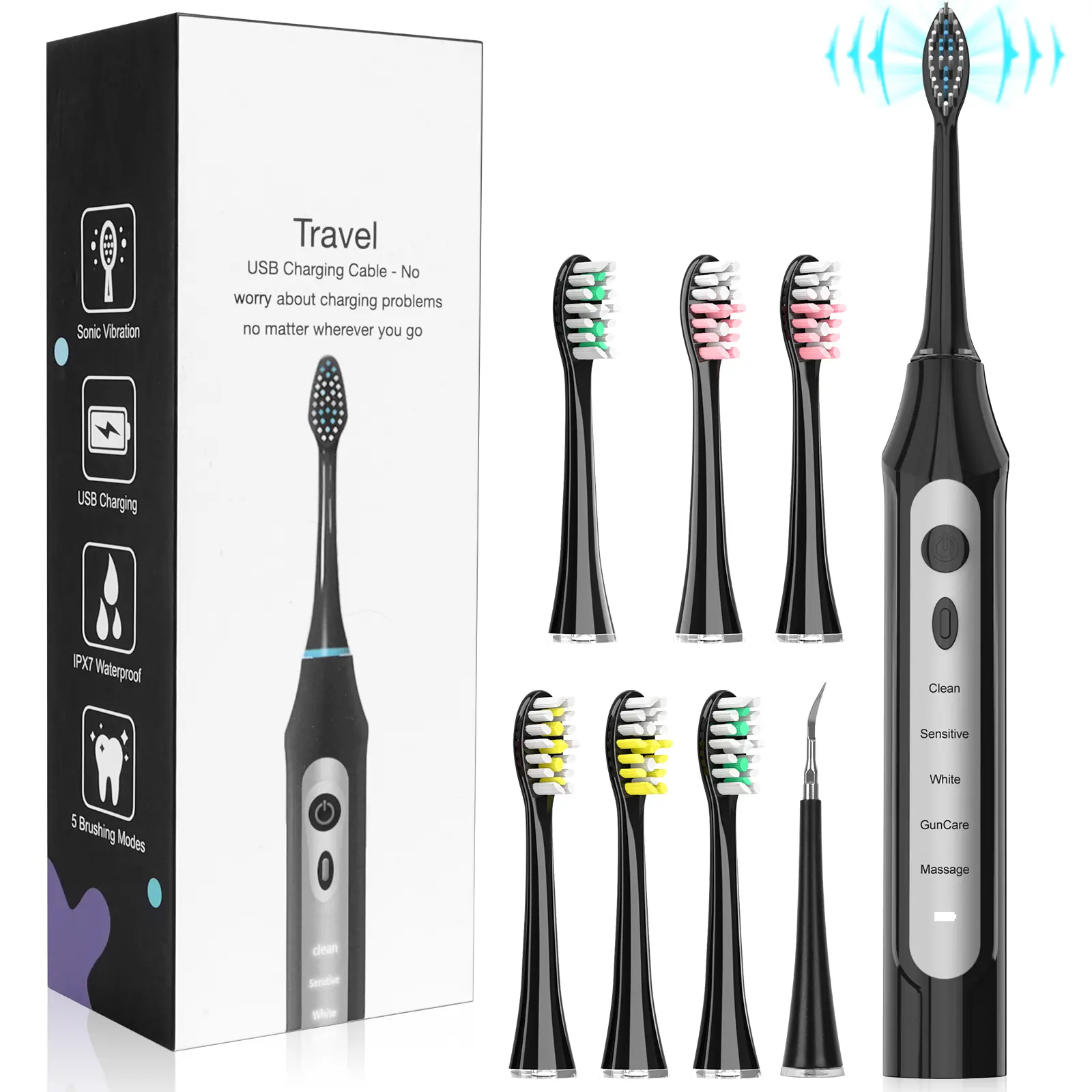 Grinest Smart Electric Toothbrush for Teeth Cleaning - Rechargeable Toothbrush with 6 Brush Heads & Plaque Remover for Teeth, IPX7 Waterproof, 5 Modes with 2-Min Smart Timer, One Charge for 90 Days Cleansing