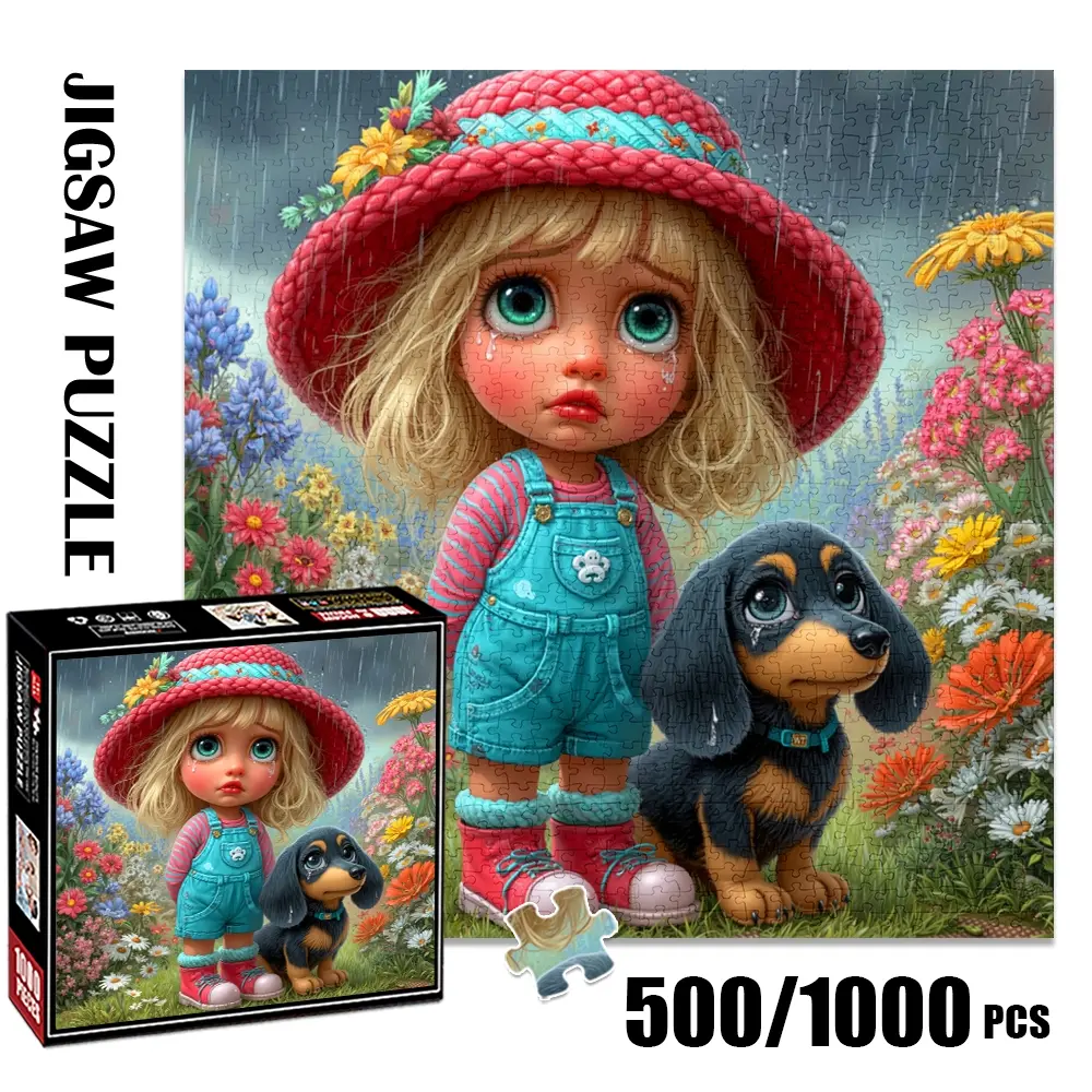 1pc 1000 piece adult puzzle Art Puzzles 58x58cm Girl with Big - eyed Dog Animal in Flower Field on Rainy Day 500 pieces of paper puzzle, suitable for adults and families, large-scale DIY puzzle interactive toy ga