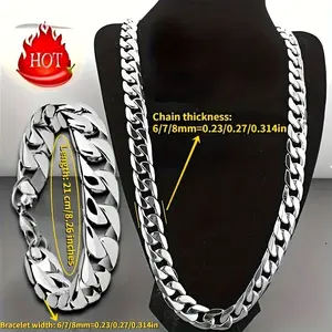 2pcs/set Stainless Steel Men's Necklace and Bangle Set, Hip Hop Punk Couple Chain