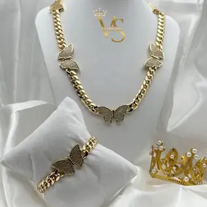 Valdes Luxury Monaco Butterfly Chain & Bracelet Set 14K Gold Plated Laminated Jewelry with Full Zirconia Butterflies