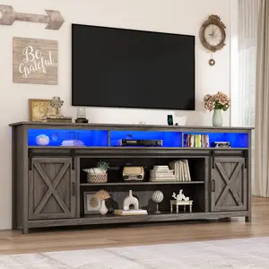 70/80.7in Wooden Farmhouse Entertainment Center ,Double Layer Storage Farmhouse TV Stand,Double-Row Sockets with Wood Sliding Barn Door TV Stand(Double Layer Grey Wash)