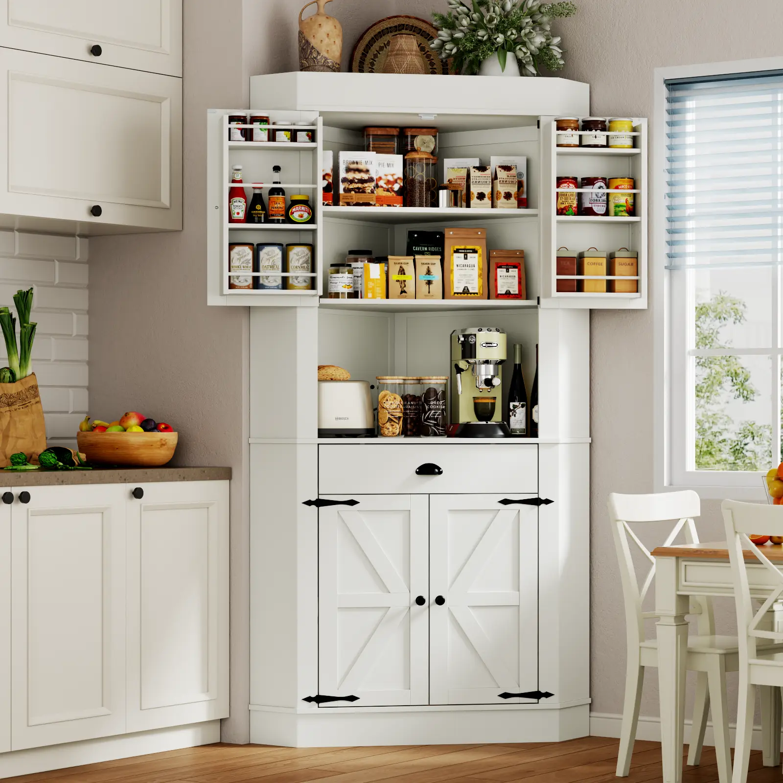 Gyfimoie 74"Corner Cabinet with Charging Station,Kitchen Pantry Storage Cabinet with Drawer,Freestanding Kitchen Pantry Cabinets with Doors and Shelves,Farmhouse Food Hutch