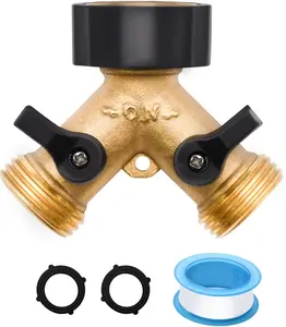 Hose Splitter, 2 Way Heavy Duty Brass Garden Hose Splitter, for 3/4" Hose Connector, Brass Garden Hose Manifold with Rubber Washers & Tapes(1 pack 2 way)