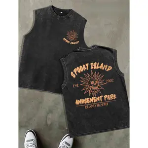 Retro Spooky Island Amusement Park Washed Tank Top, Vintage Horror Skull Graphic Sleeveless Streetwear Tee