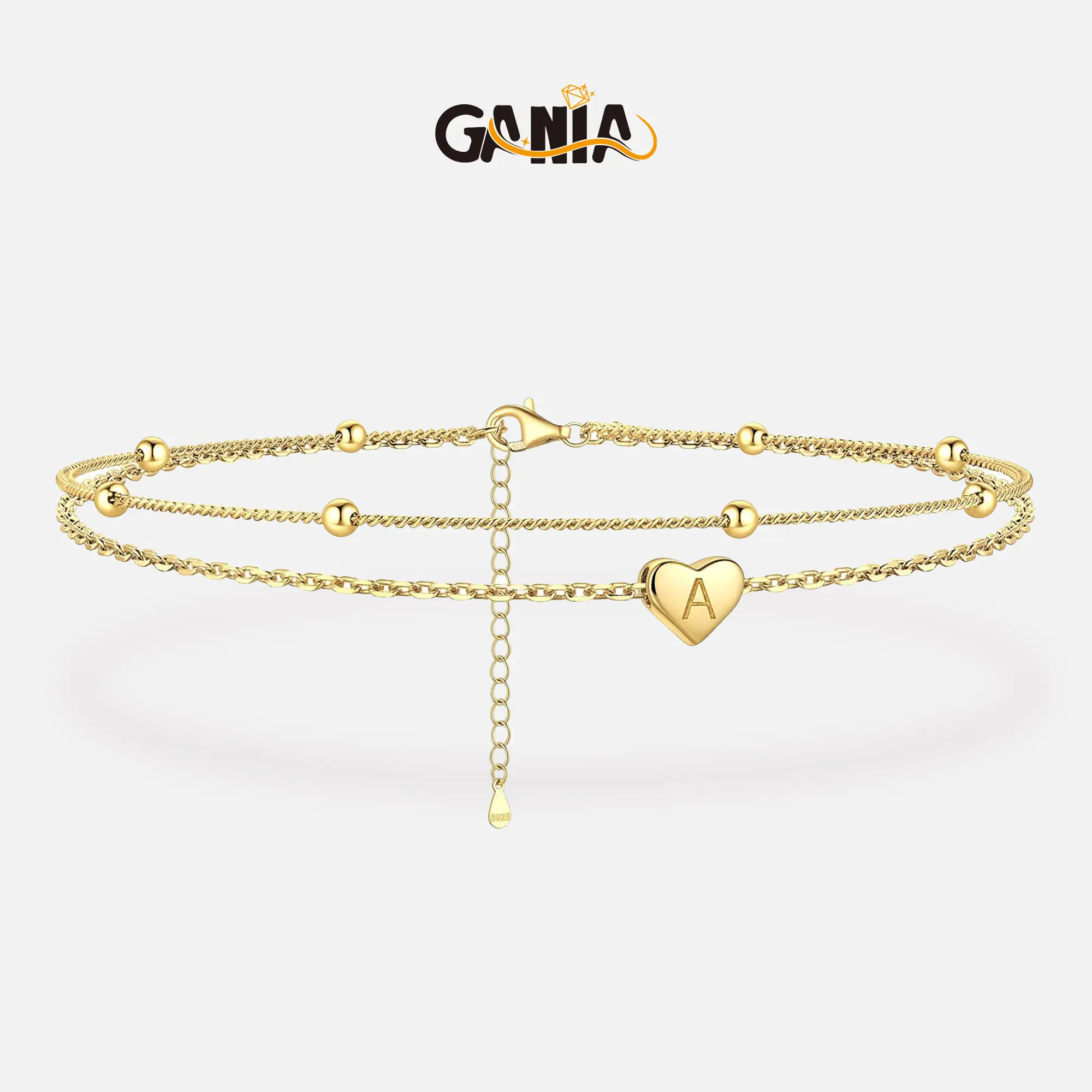 GANIA Gold-plated ankle chain, featuring layered heart shapes and beaded designs, with a series of letters from A to Z. Fashionable beach accessories, with waterproof and sweat-proof technology, simple and elegant style, long-lasting durability.