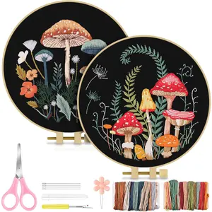 2 Pack Embroidery Kit for Adult Beginners, Embroidery DIY Starter Kit, with Mushroom Stamped Patterns, Hoop, Tools, Colorful Threads with Needles, Instructions