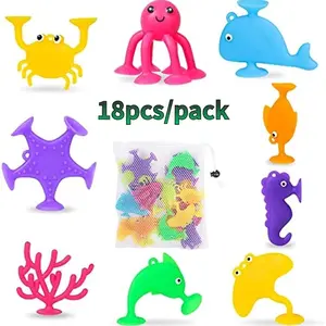 Suction Bath Toy, 18pcs/set Silicone Ocean Animal Suction Cup Toy, Sensory Travel Toy for Toddlers, Birthday Gifts for Baby
