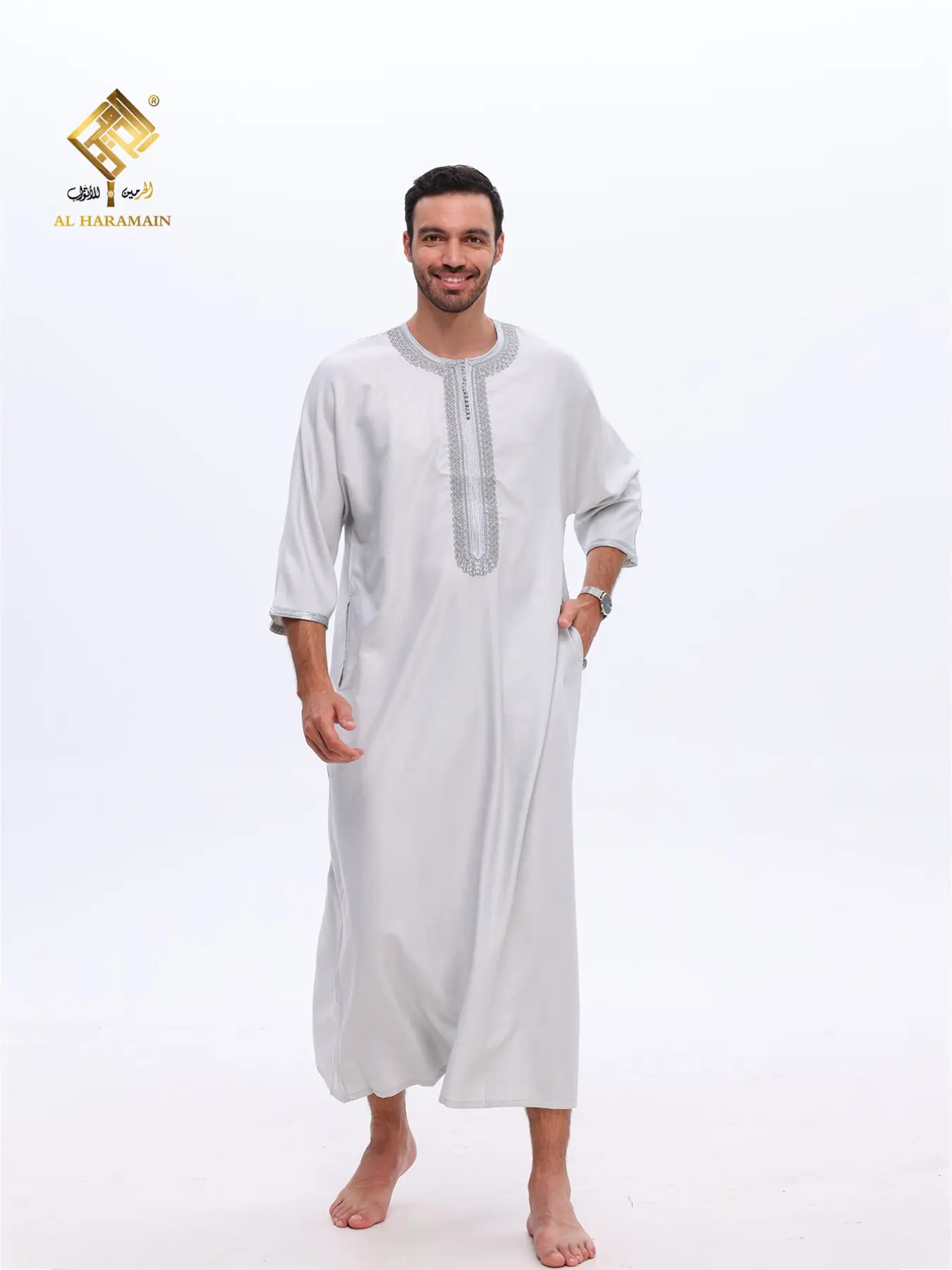 Men's Soft Skin-Friendly Long Robe, Casual Loose-Fitting Traditional Arabic Robe for Home, Mosque Prayer, Holiday Gatherings, Light Embroidered Islamic Thobe