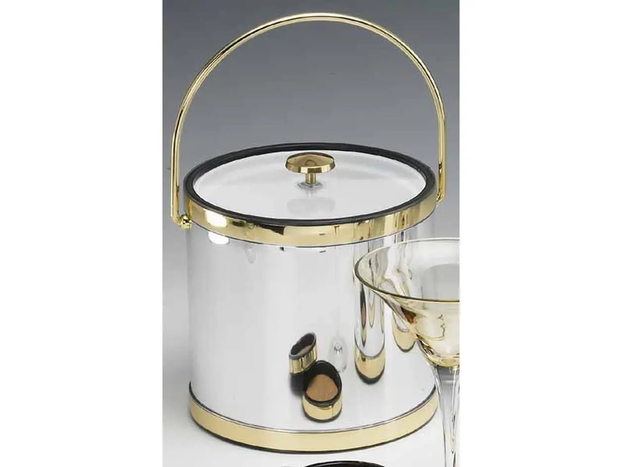 Kraftware 76464 Indoor 3-Quart Mylar Brushed Chrome and Brass Ice Bucket with Bale Handle, Lucite Cover and Flat Knob, Bar Utensils Accessory