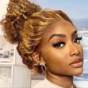 HD Full Lace 360 Full Lace Front Human Hair Wig P427 Honey Blonde Colored 180% Density Invisible Strap Upgraded version Pre Plucked Highlight Curly Wigs Breathable Cap Pre Plucked Convenient to Put On