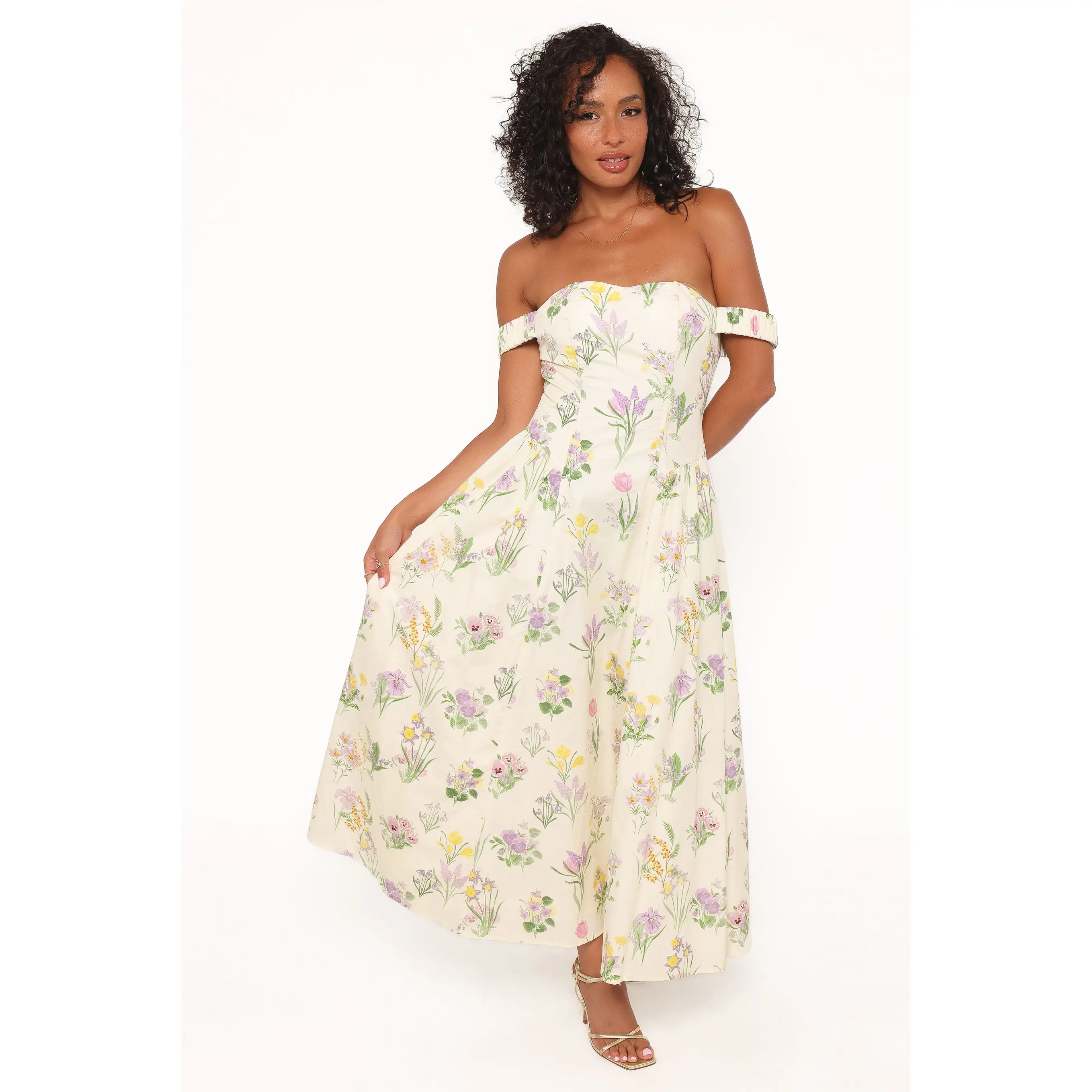 Larni Off Shoulder Midi Dress - Lavender Multi