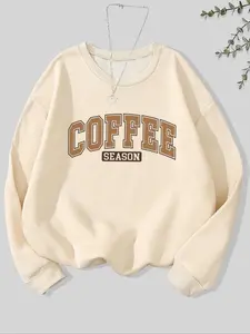 Women's Coffee Season Letter Print Crew Neck Sweatshirt, Casual Long Sleeve Pullover for Fall & Winter, Women's Clothes for Daily Wear