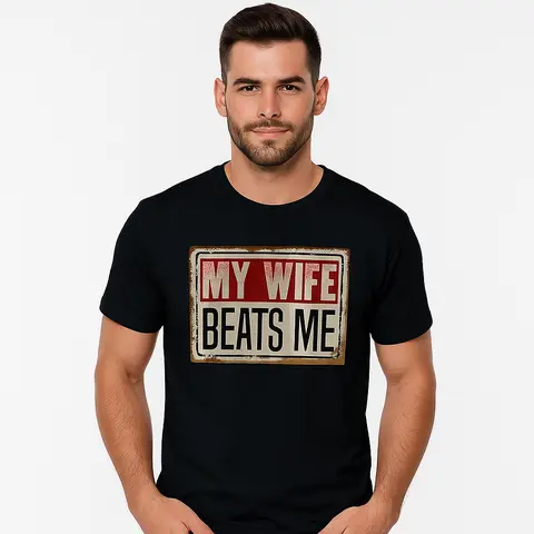 Men's Cotton Short-Sleeve Round Neck T-Shirt - Funny "My Wife Beats Me" Graphic, American Flag Couple Top, Father's Day Gift, Classic Casual Menswear Tshirt tiktokshopspringglowup,summervibes Black Crewneck