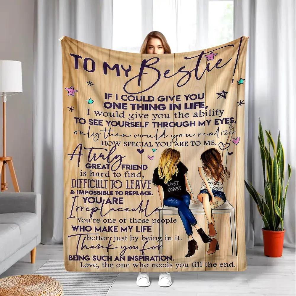 Soft Comfy Print Throw Blanket - Rustic Wood Grain Background, 2 Best Friends Art, Heartfelt Affirmation Letter, Back-To-Back Girl Drawing, Garden-Ready Encouragement Blanket for Female Adults, Ideal Girlfriend Birthday Gift