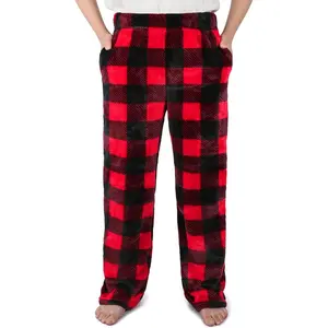 P-AD026   Boys Plush Pajama Pants Sleep Fleece Pj Bottoms Christmas Kids Plaid Lounge Pants with Pockets