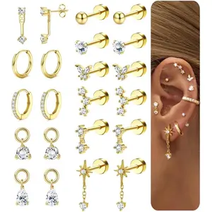 CASSIECA Flat Back Earrings for Women Hypoallergenic 14K Gold-plated Plated Surgical Steel Earring Stacks Set | Small Stud & Hoop for Cartilage, Helix, Tragus | Multiple Piercing Comfort Jewelry Gold
