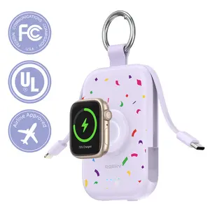 RORRY Confetti Power Bank 5000mAh Travel Charger with Built-in Cables Keychain Design for Apple Watch Series iPhone 17-12 USB Type-C Portable Charger Compact Perfect Gift Valentinesdaygift