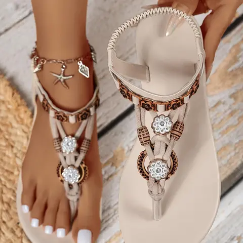 Women's Fashionable Flower Decorated Slip on Sandals, Boho Style Barefoot Sandals for Beach Vacation, Casual Open Toe Sandals for Summer, Bohemian Sandals, Casual Outdoor Sandals, Fashion Floral Sandals, Shoe