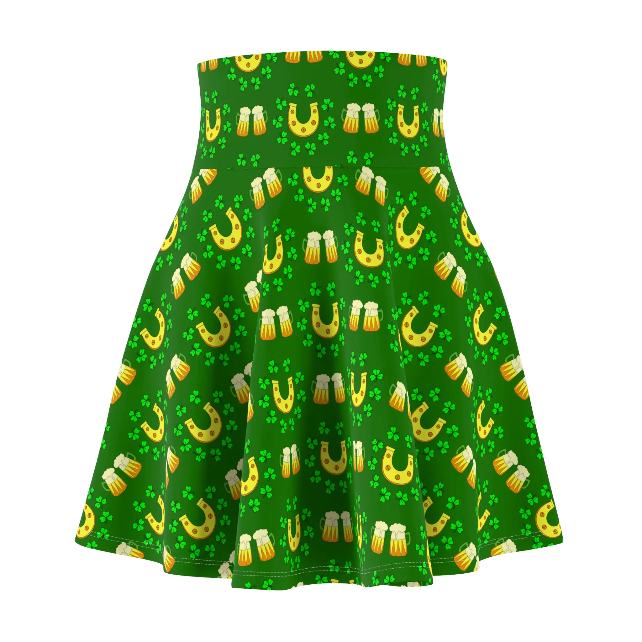 St. Patrick's Day Women's Skater Skirt, Beer Mug and Horseshoe Print, Shamrock Clovers, Lucky Charm Clothing, Irish Festival Apparel, Green