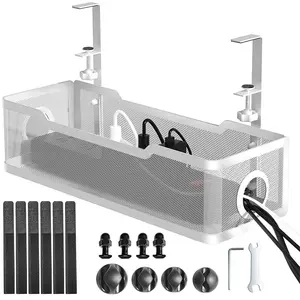 Under Desk Cable Management Tray No Drill, Metal Mesh Cable Management Under Desk with Clamp Mount, 2 Hole Cable Tray with Wire Management and Cord Organizer for Home Office Standing Desk