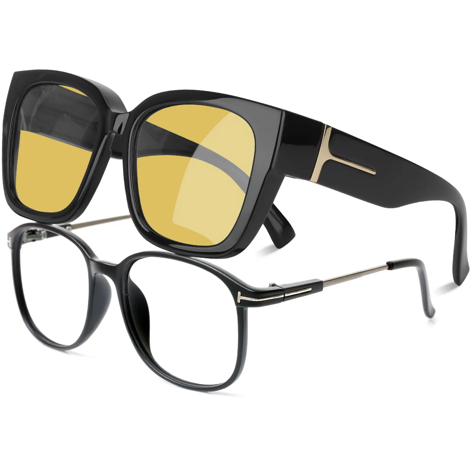 Black Fit-Over Driving Sunglasses Yellow Lens, Polarized UV400 Oversized Sunglasses for Women Men, Wear Over Prescription Glasses, Anti-Glare Night Vision Shades