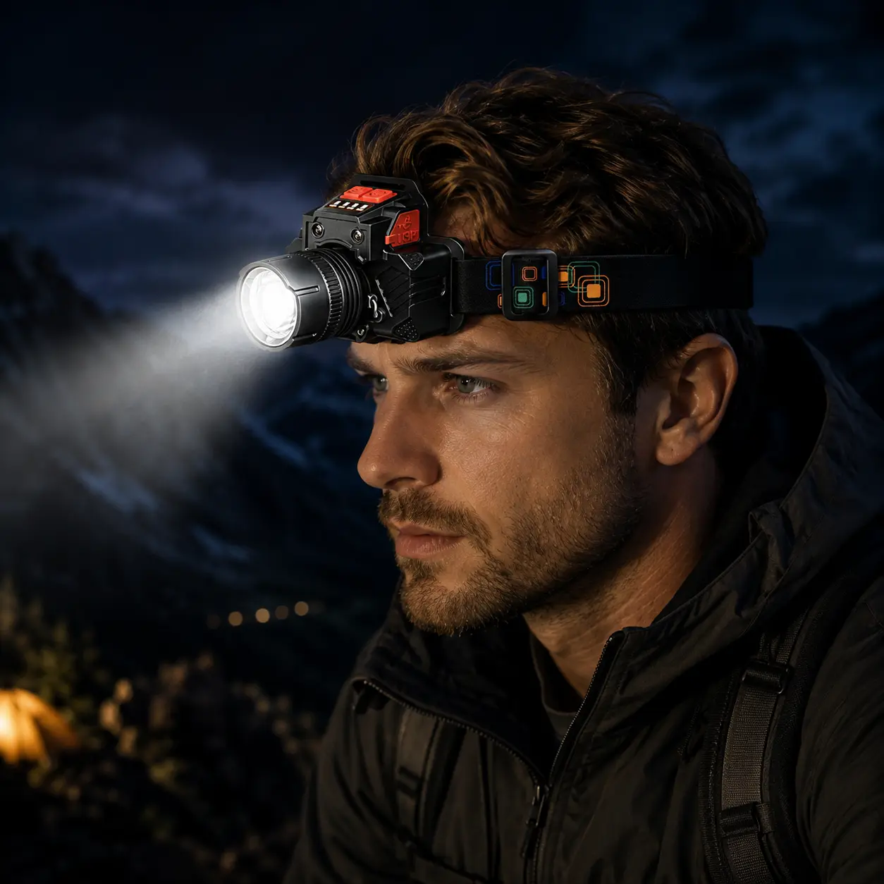 Unisex High-Lumen LED Headlamp for Adults, Adjustable Zoom Focus, Motion Sensor, Waterproof Rechargeable Headlight with Comfortable Headband for Fishing, Camping, Hiking & Maintenance