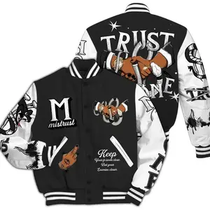 White Thunder 4s Varsity Jacket, Snake Bite Trust No One Graphic Baseball Coat, Urban Streetwear Style, Trendy Outfit Gift