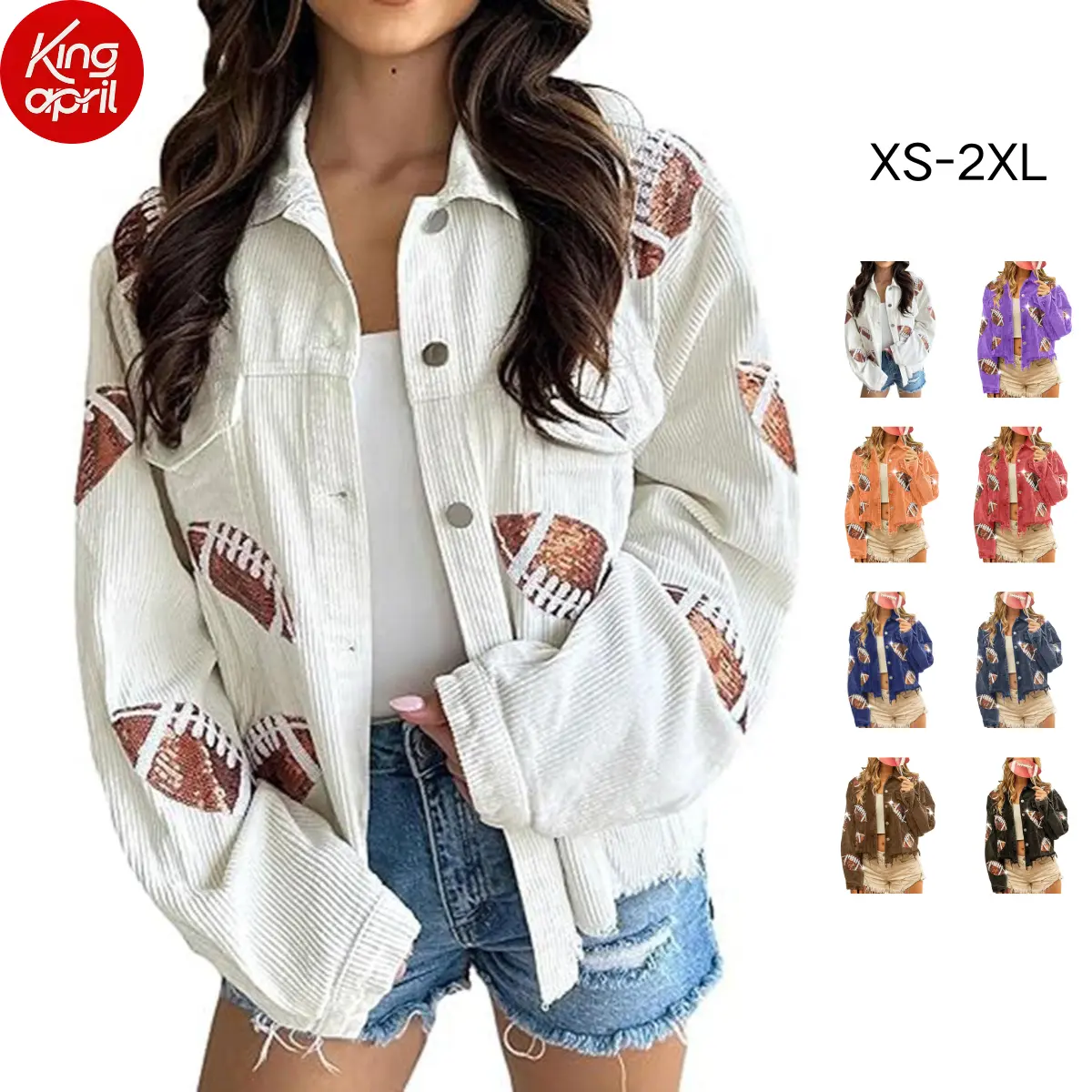 Kingapril Women's Game Day Corduroy Sequin Football Cropped Jacket Rugby Oversized Lapel Button Down Shirt Shacket Coat