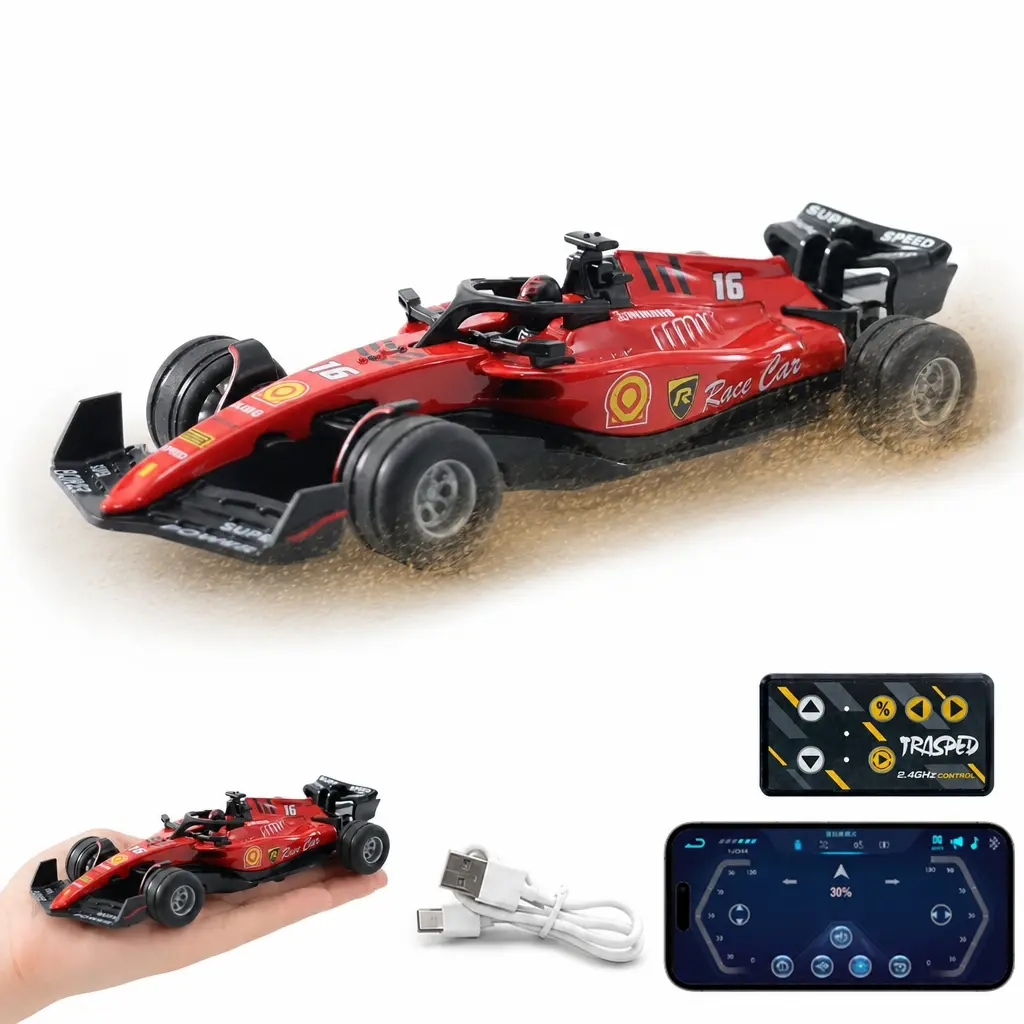 1/64 Mini RC F1 Racing Car Toy - Unisex 2.4GHz Pocket-Size Alloy Frame Drift Car, Remote + App Control, USB Rechargeable, LED Lights, Age 6+, Indoor Desktop Stress Relief, Birthday/Christmas Gifts