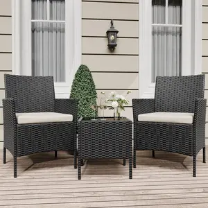 3-Piece Outdoor Furniture Set, PE Rattan Wicker Chairs with Soft Cushions & Tempered Glass Coffee Table - All-Weather Patio Set for Garden, Backyard, Porch, Poolside (Black/Beige)