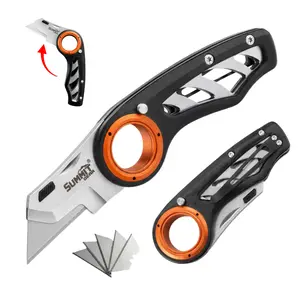 #fathersdaygift SUMMIT GEAR EDC Folding Utility Knife Box Cutter,Heavy Duty Compact Lightweight Aluminum Handle,Anti-Slip Finger Loop Grip,3 Lock Positions Design, 5PICS SK5 Replacement Blades,Belt Clip, Knives For Men, Home Tools and Gadgets, Office