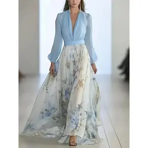 Women's Elegant Printed Chiffon Dress - Translucent V-neck Long Formal And Casual Dress, Soft Pastel,    Womenswear Knitted Polyester Pleat