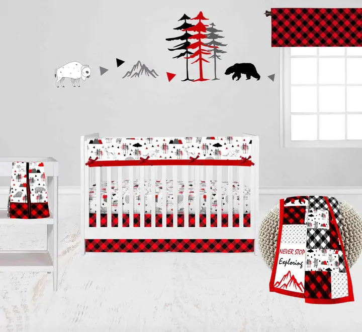 Bacati Lumberjack 6-Piece Crib Bedding Set with Long Rail Guard Cover - Red/Black/Gray Boys