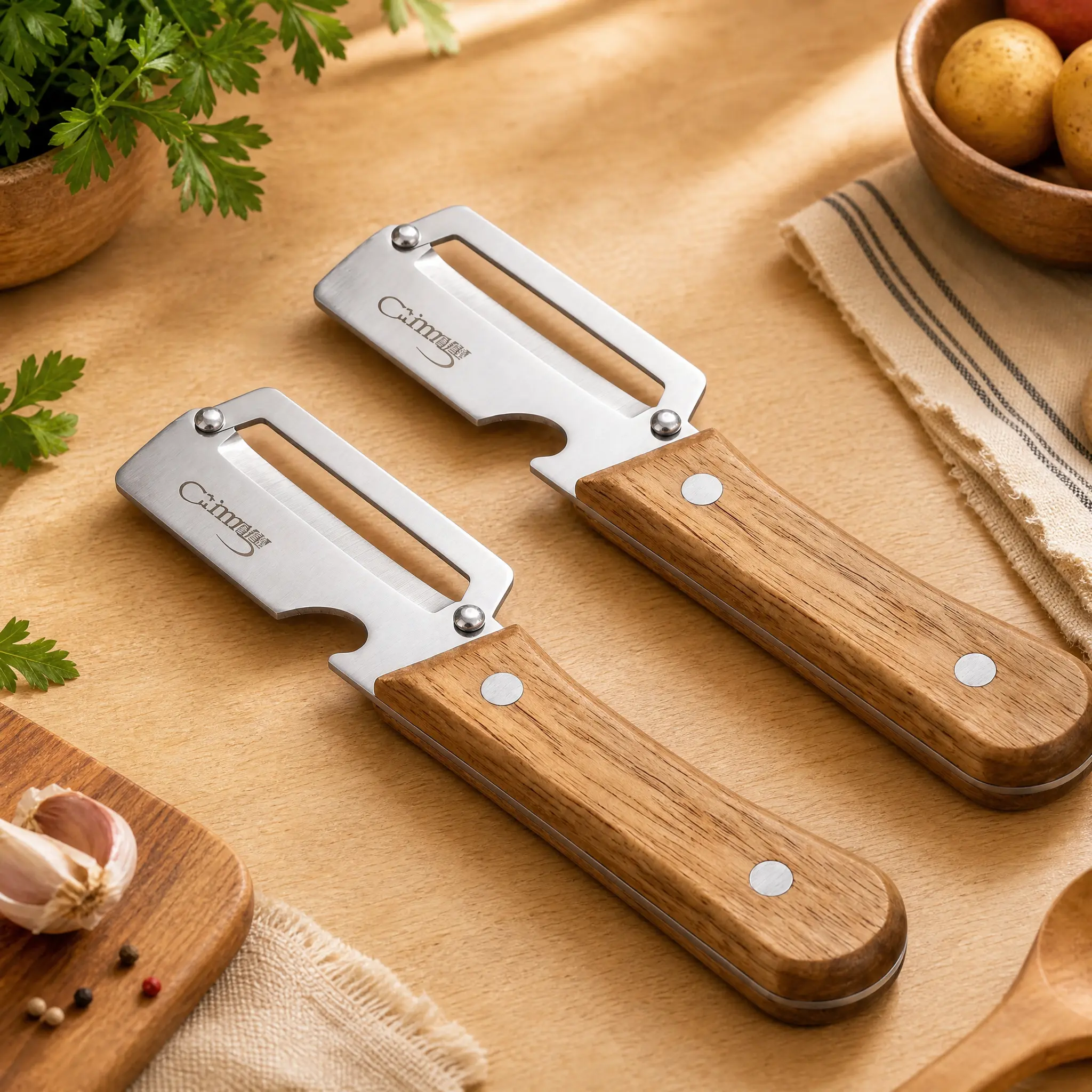 2PCS Premium Heavy-Duty Kitchen Utensil Vegetable Peeler Set, Extra-Thick Stainless Steel Blade, Wooden Handle with Bottle Opener, Efficient Peeling for Potatoes, Apples