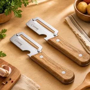 2PCS Premium Heavy-Duty Kitchen Utensil Vegetable Peeler Set, Extra-Thick Stainless Steel Blade, Wooden Handle with Bottle Opener, Efficient Peeling for Potatoes, Apples