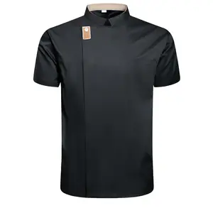 Stylish Black Professional Chef Uniform - Short Sleeve Jacket with Pockets, Stand Collar, Polyester Fabric | Ideal for Kitchen, Baking, and Restaurant Use, School Cafeteria Clothing, Machine Washable