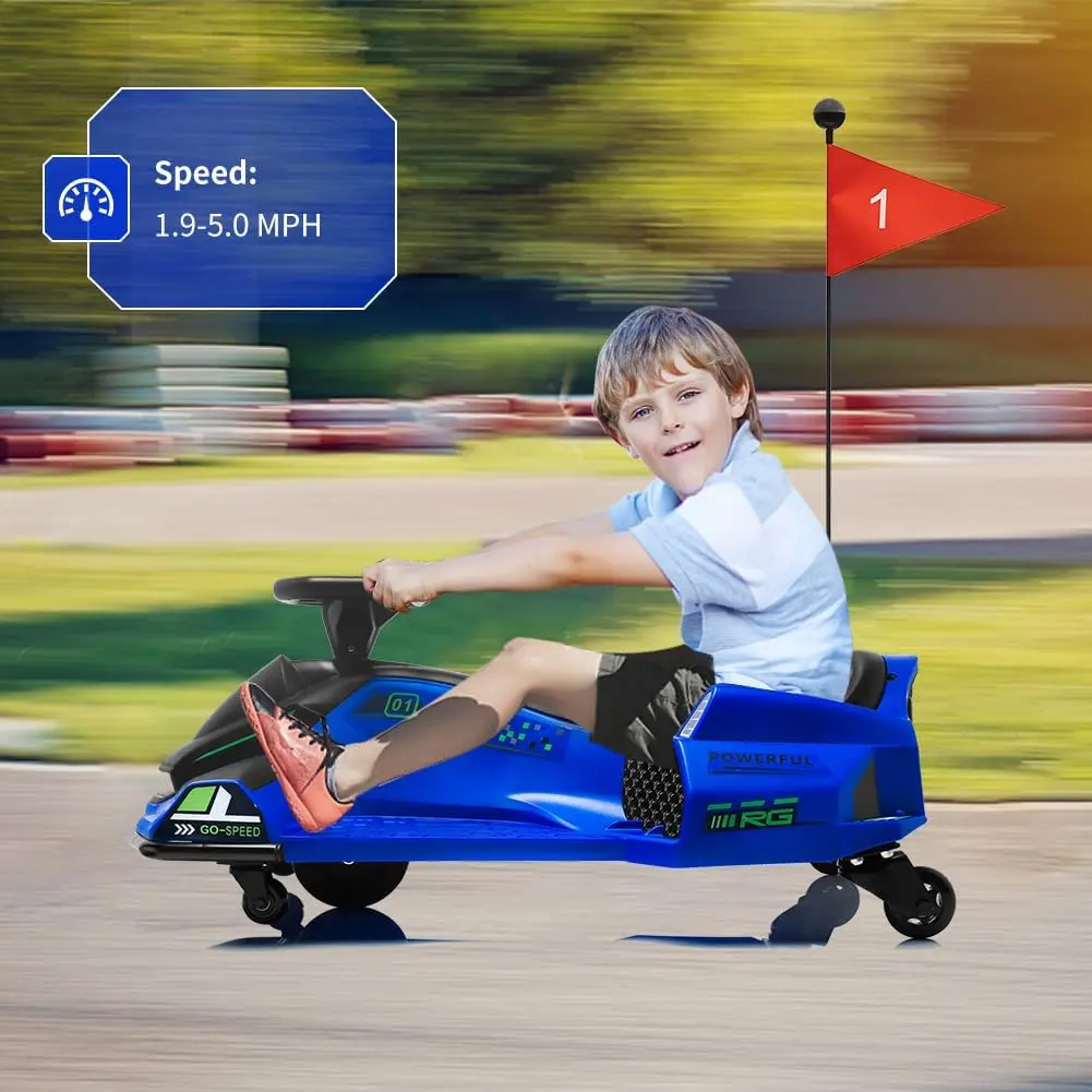 【Christmas Gift】Blue 12V Ride On Go Kart For Kids With 45W Brushless Motor Variable Speed Five Mile Per Hour Drift System Led Lights Music Low Power Alarm And Safety Features Suitable For Ages Eight To Twelve Blue