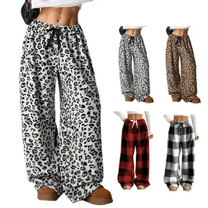 Arssm Women Fuzzy Pajama Pants Plush Elastic Waist Wide Leg Leopard Pants Pj Bottoms Lounge Fluffy Pants